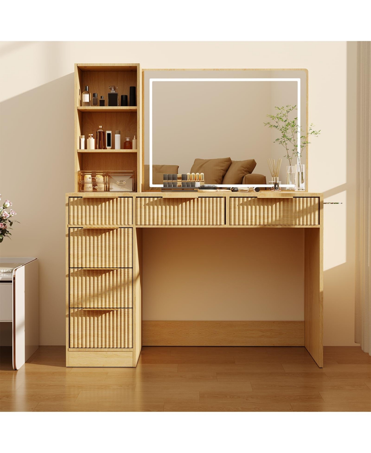 gaomon 52" Fluted Makeup Vanity Desk with Mirror and Adjustable Lighting, Dressing Table with 6 Drawers, Glass Top, Open Shelves and Hairdryer Stand