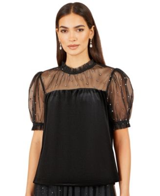 Women's Embellished Velvet Mock-Neck Top