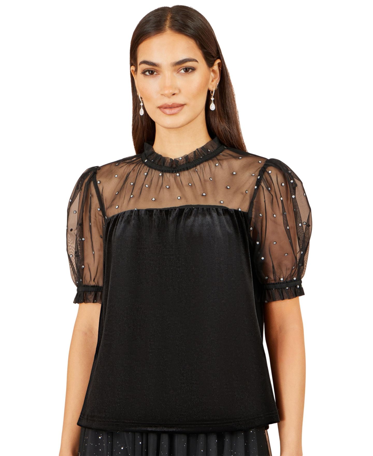 Женский топ Yumi Embellished Velvet Mock-Neck, цвет: Чёрный — фото 1