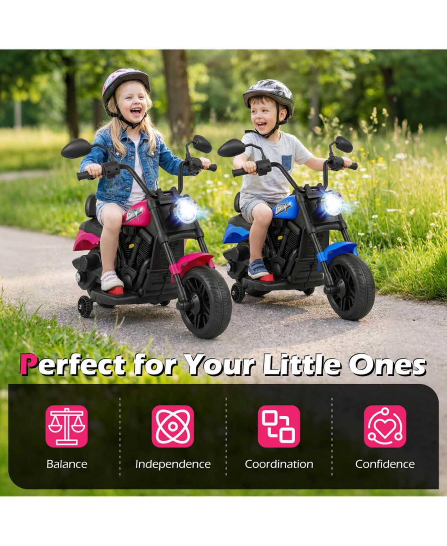 Детская игрушка HONGGE 6V Kids Electric Motorcycle with Headlight and Training Wheels, цвет: Розовый — фото 5