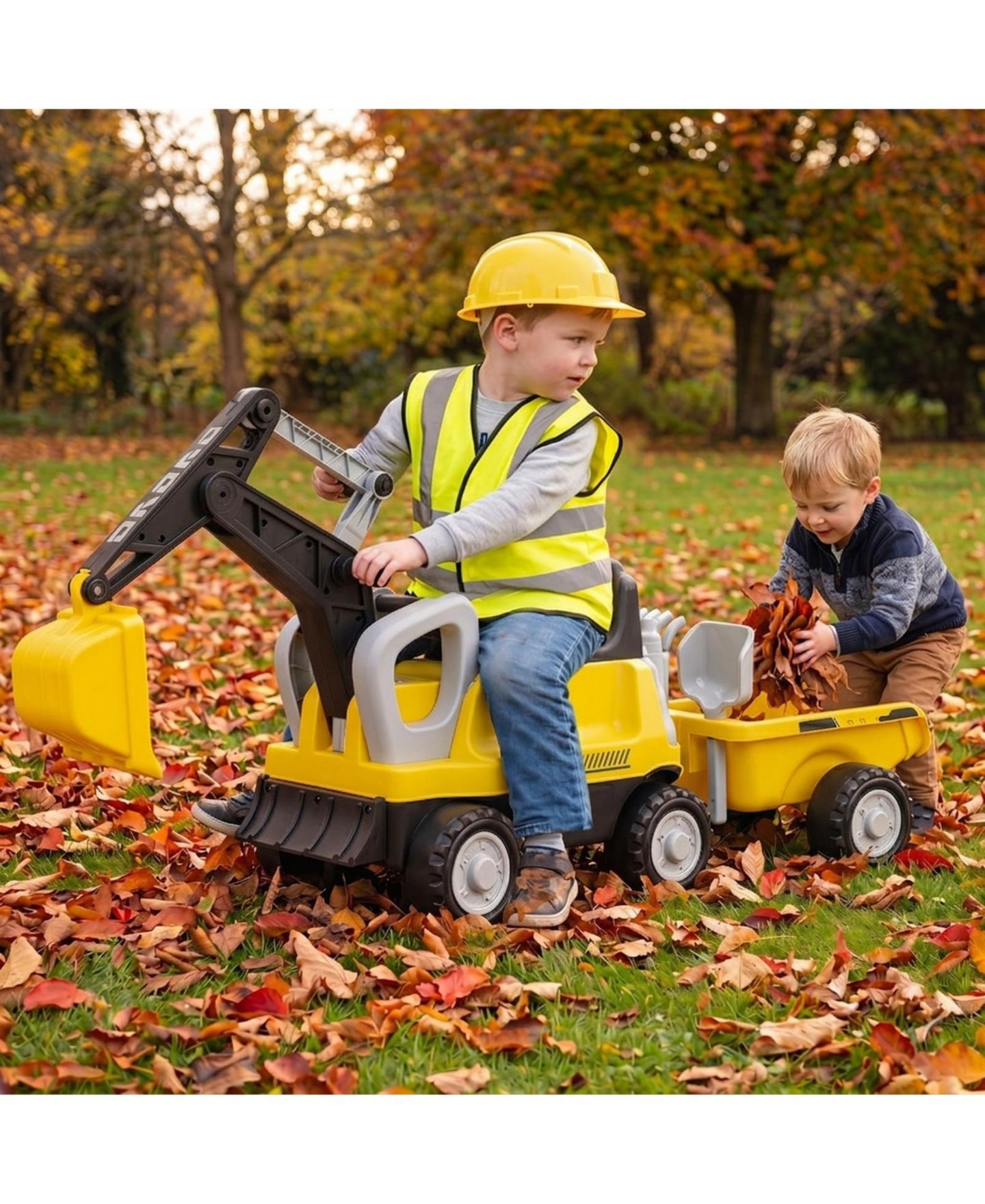 Детская игрушка HONGGE 2-In-1 Foot-to-Floor Ride-On Tractor with Digging Arm and Detachable Trailer, 50"L x 13"W x 23"H, 55 lb. Capacity, Ages 3+, цвет: Жёлтый — фото 2