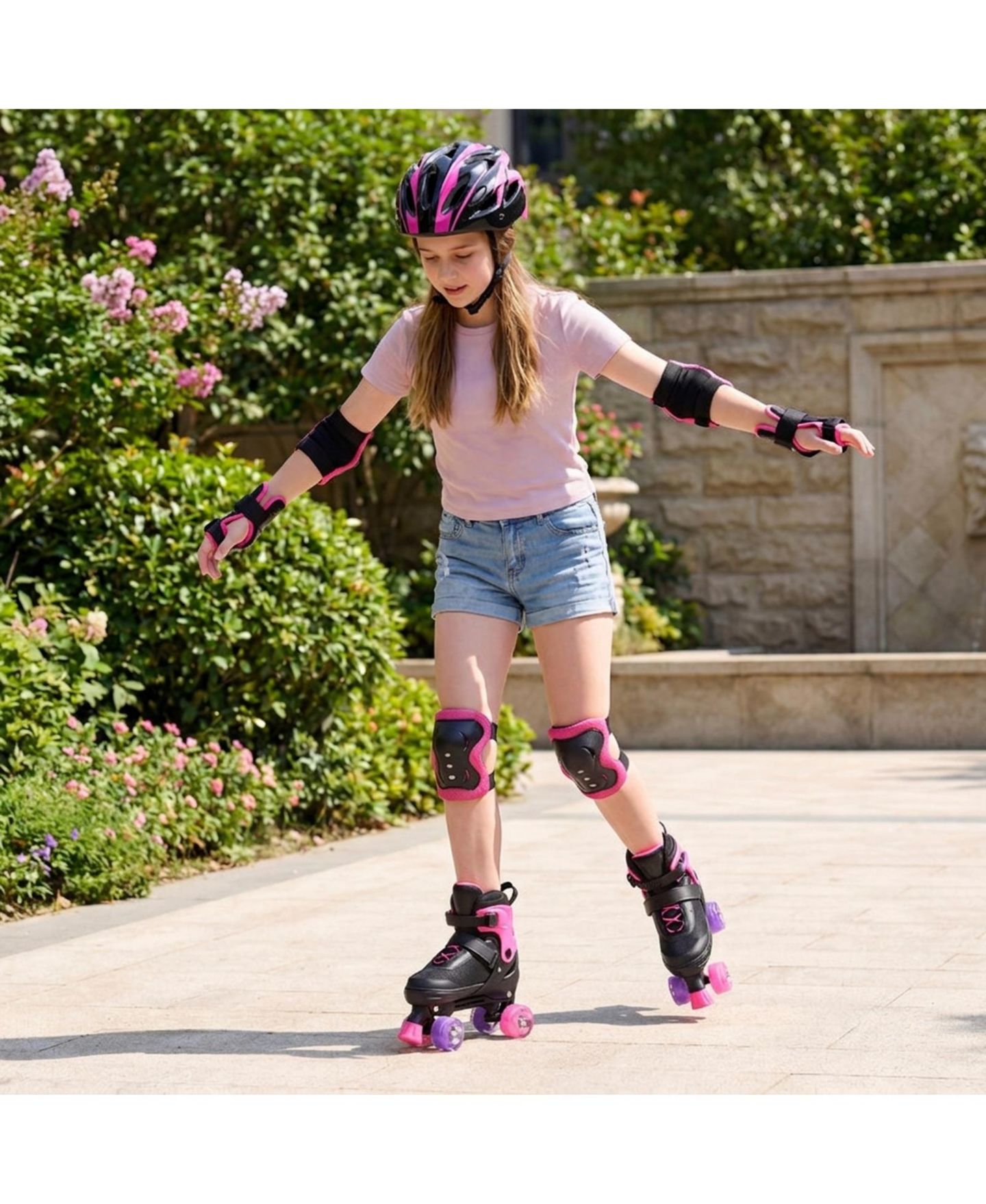 Детские игрушки HONGGE Teen Adjustable Quad Roller Skates with Light-Up Wheels, Ages 9+, цвет: Розовый — фото 10