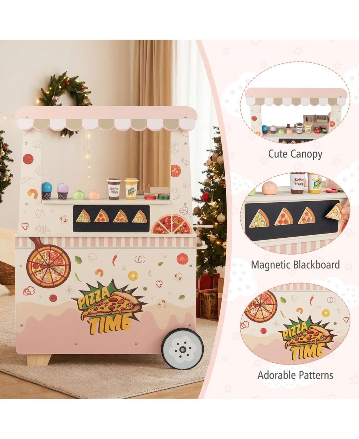 Детский игровой набор SUGIFT Pizza Food Truck Double-Sided Wooden 40-Piece Playset, Ages 3-6, цвет: Розовый — фото 5