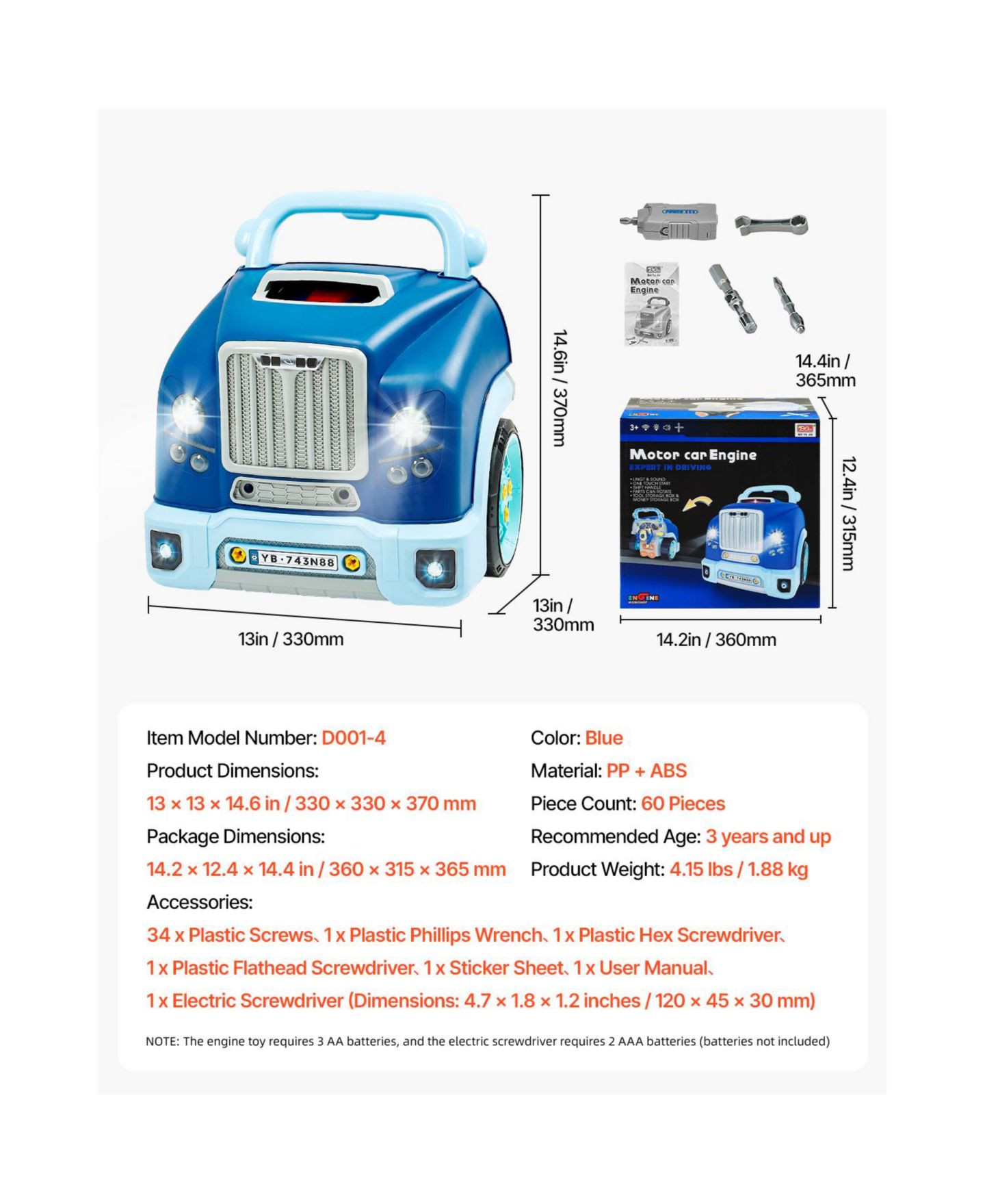 Детский игровой набор HONGGE Mechanic Engine Repair Electric Screwdriver 60-Piece Playset, Ages 3+, цвет: Синий — фото 8