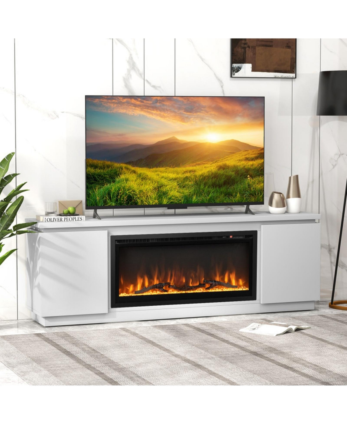 Sugift Fireplace Tv Stand for TVs up to 80 Inch with 3 Adjustable Shelves and 36-Inch Electric Fireplace