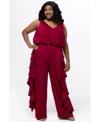 Women's V-Neck Stretch Satin Jumpsuit with Ruffles