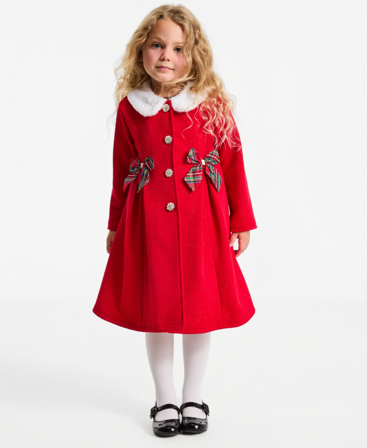 Blueberi Boulevard Girls' 2T-16 Plaid Pleated-Skirt Faux-Fur Collar Coat and Dress, 2-Piece Set - RED