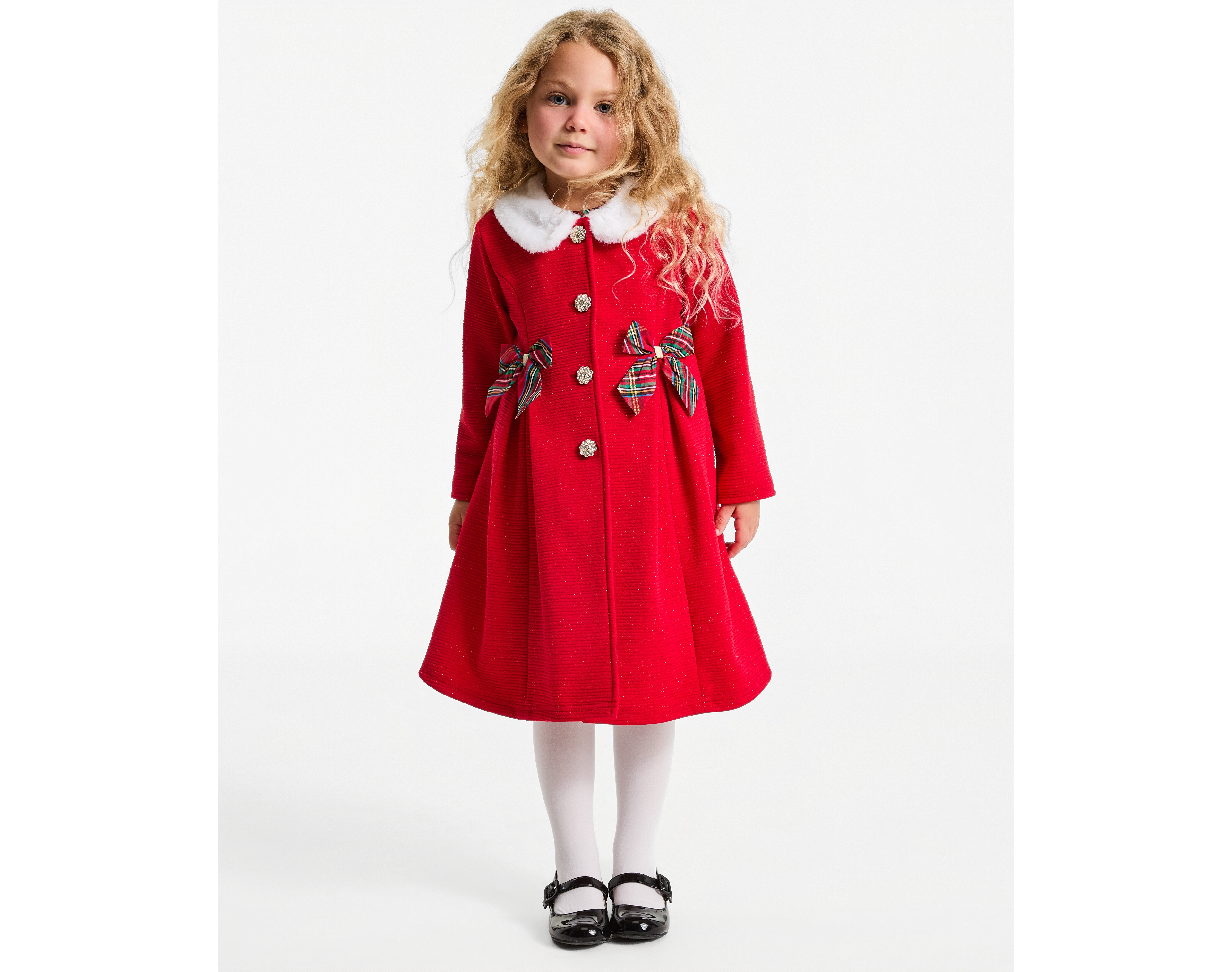 Blueberi Boulevard Girls' 2T-16 Plaid Pleated-Skirt Faux-Fur Collar Coat and Dress, 2-Piece Set