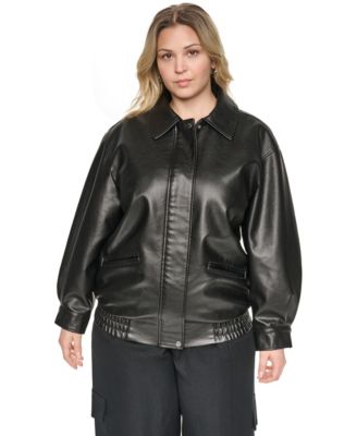 Plus Size Relaxed-Fit Faux Leather Bomber Jacket