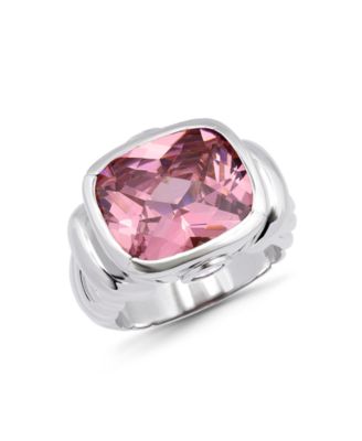 Oval Bezel Pink and Clear Cubic Zirconia Fine Silver-Plated Over Brass Twist Statement Ring