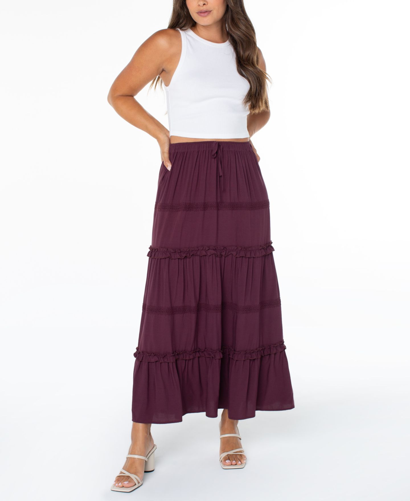 Женская юбка Celebrity Pink Juniors' Tiered Pull-On Maxi, цвет: Malbec — фото 3