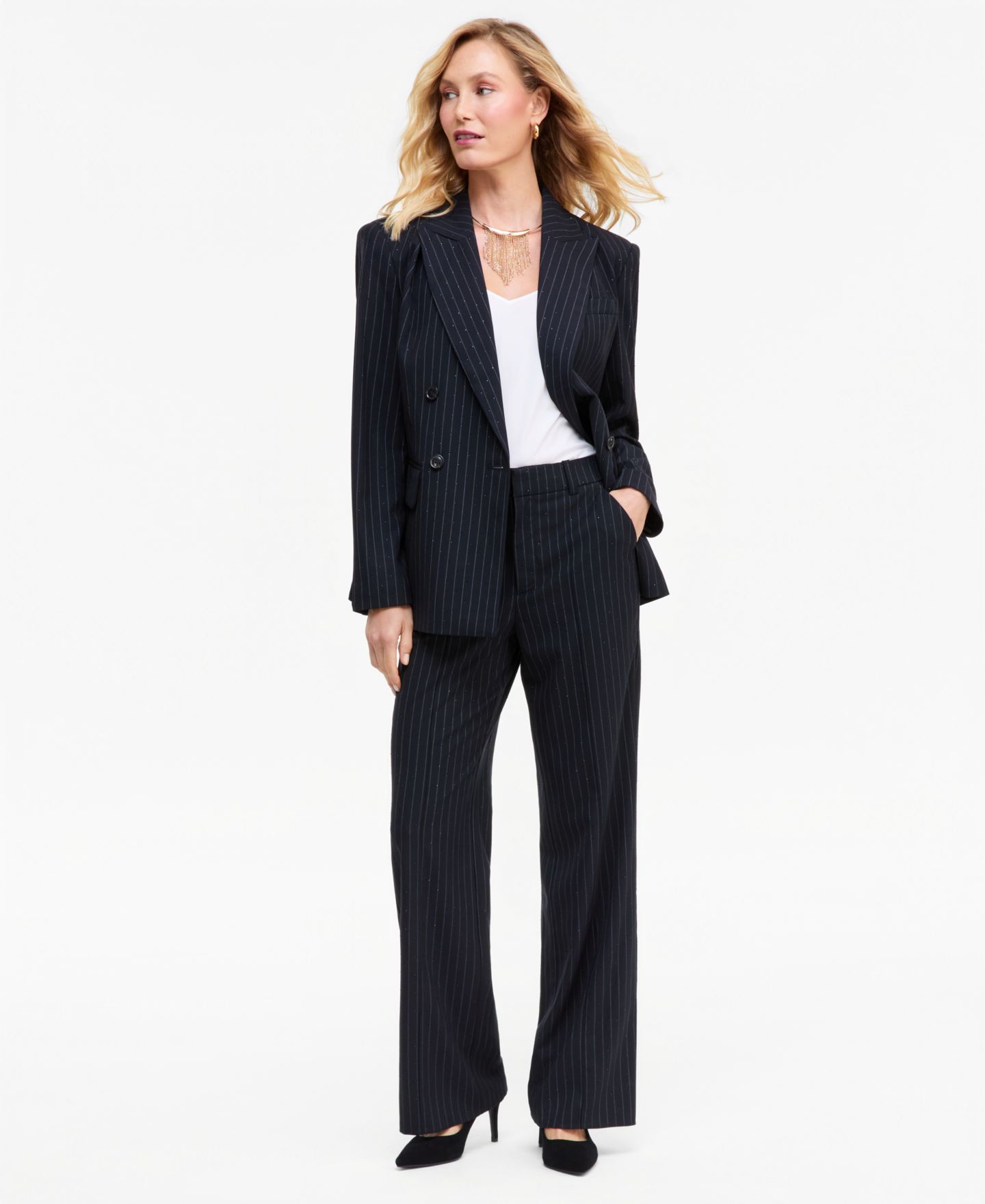 Женский пиджак I.N.C. International Concepts Crystal Embellished Double-Breasted Pinstripe Blazer, цвет: Индиго ночной — фото 5