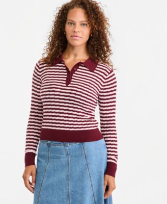 Women's Lightweight Long Sleeve Ribbed Polo Sweater