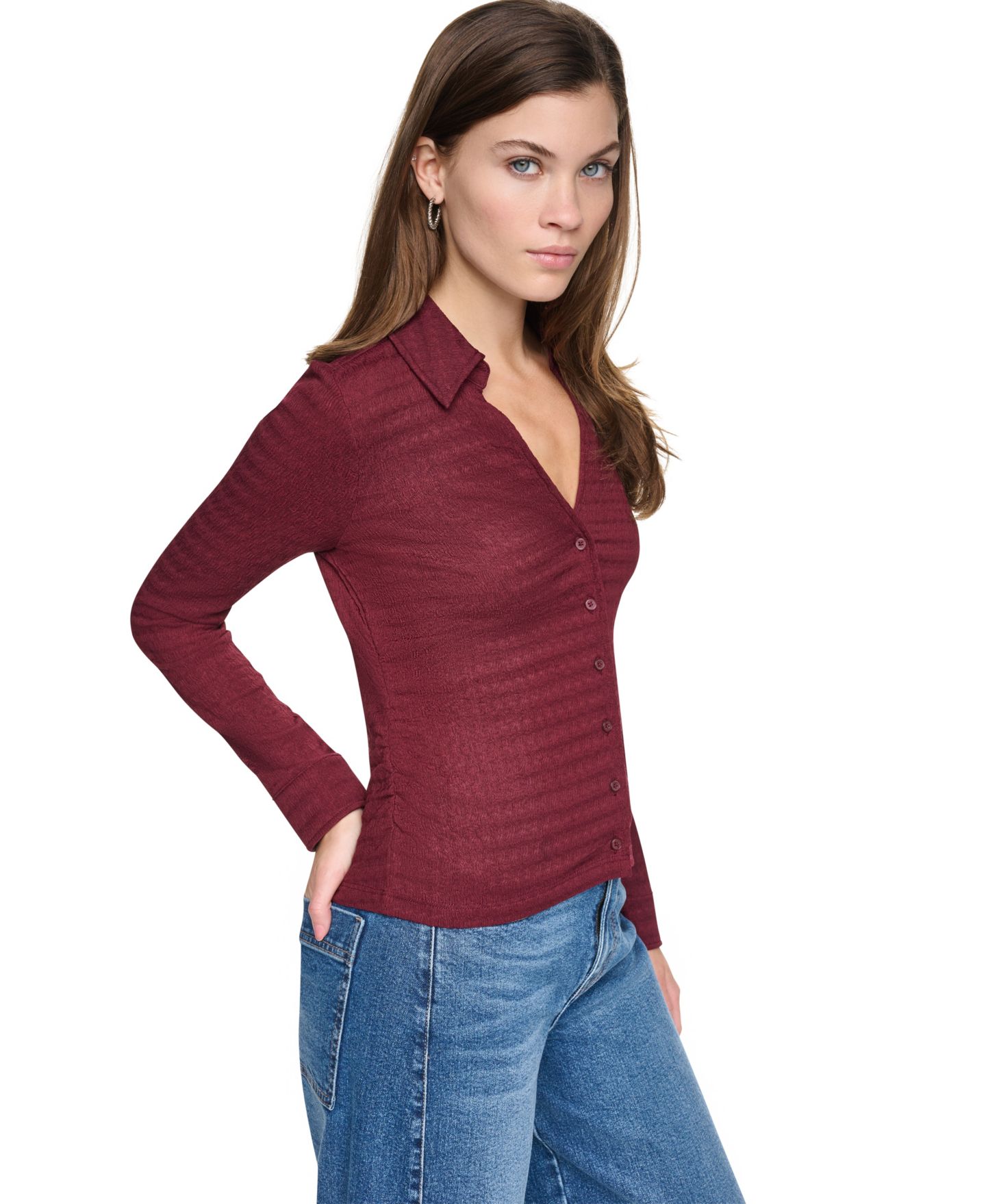 Женский топ DKNY Jeans Textured Collared Button-Front Top, цвет: Бордово-красный — фото 3