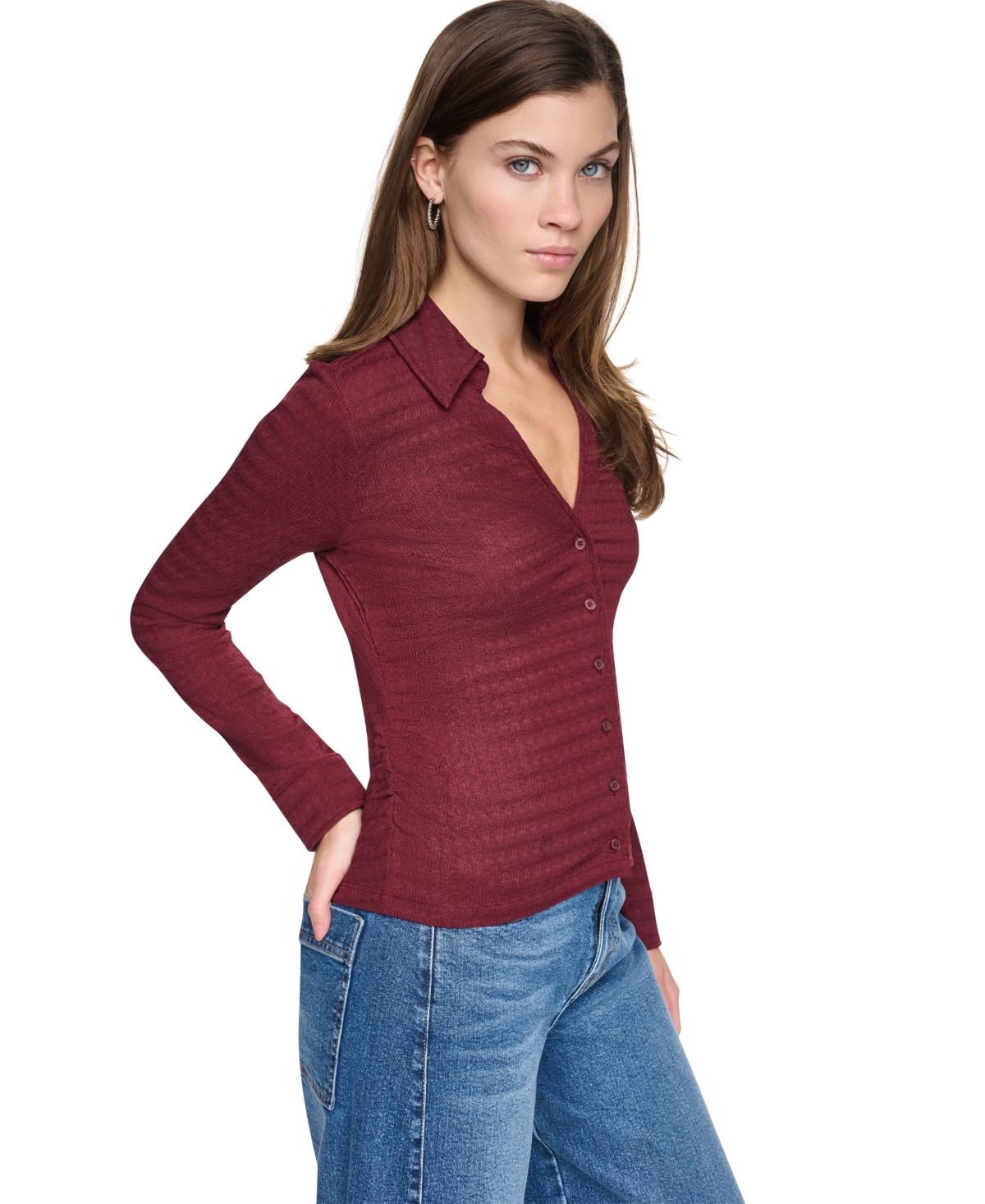 Dkny Jeans Women's Textured Collared Button-Front Top