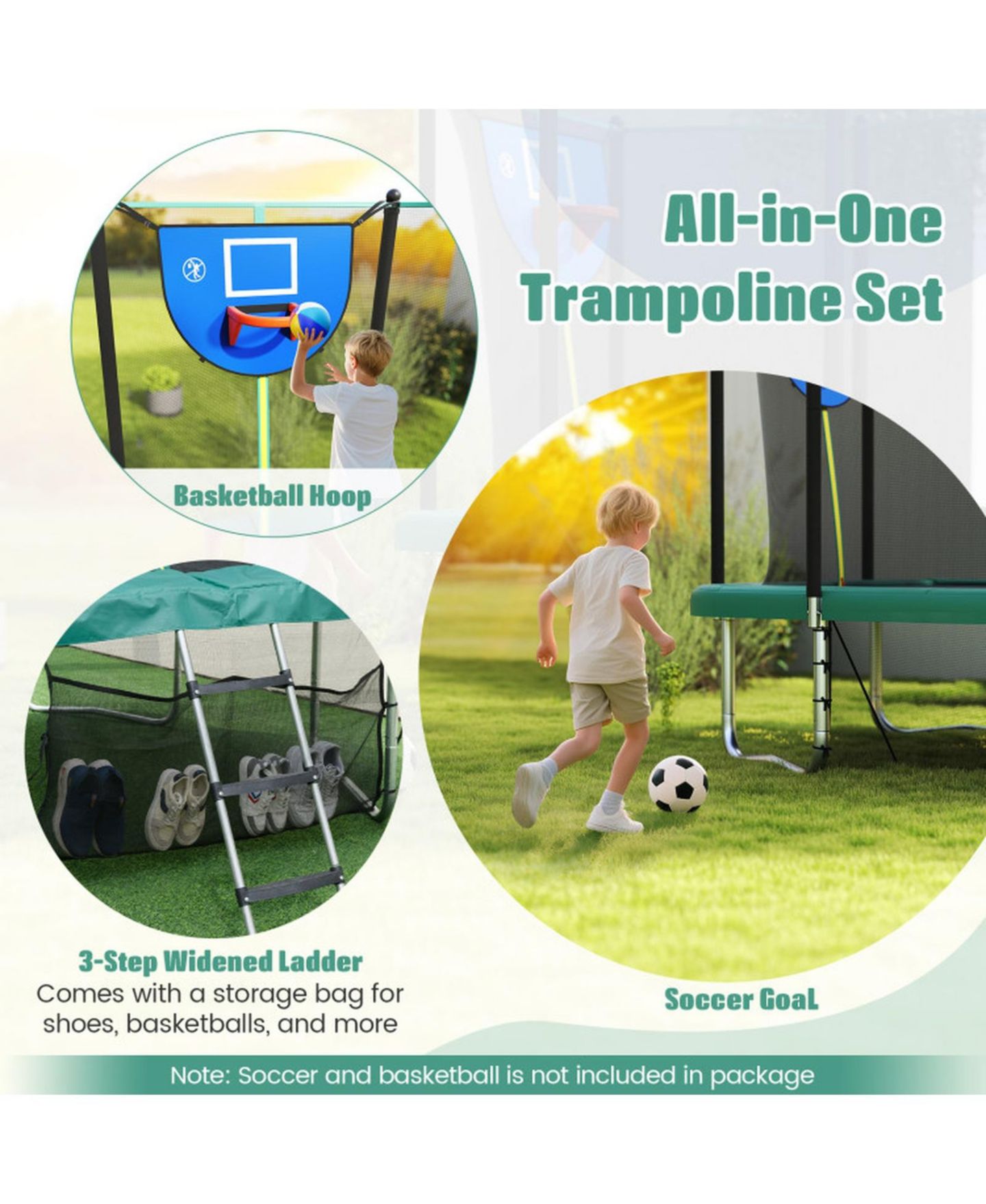 Детская игрушка HONGGE Rectangle 10 x 8 Trampoline with Basketball Hoop and Soccer Goal, Ages 3+, цвет: Зелёный — фото 7