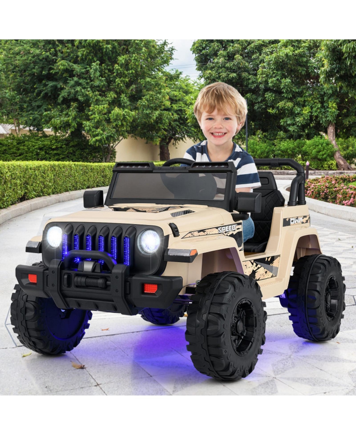 Hongge 12V Kids Ride-On Jeep Car with Parental Remote Control and Led Lights, 44"L x 30"W x 26.5"H, 77 lbs, Ages 3+