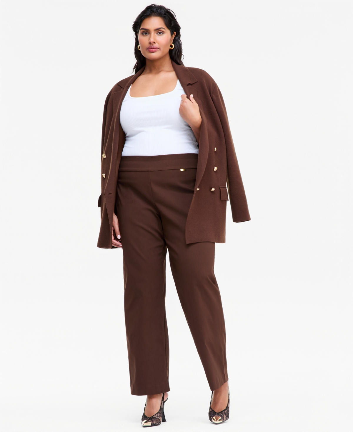 I.n.c. International Concepts Plus Size Mid-Rise Pull-On Straight-Leg Pants, Created for Macy's - Dark Roast