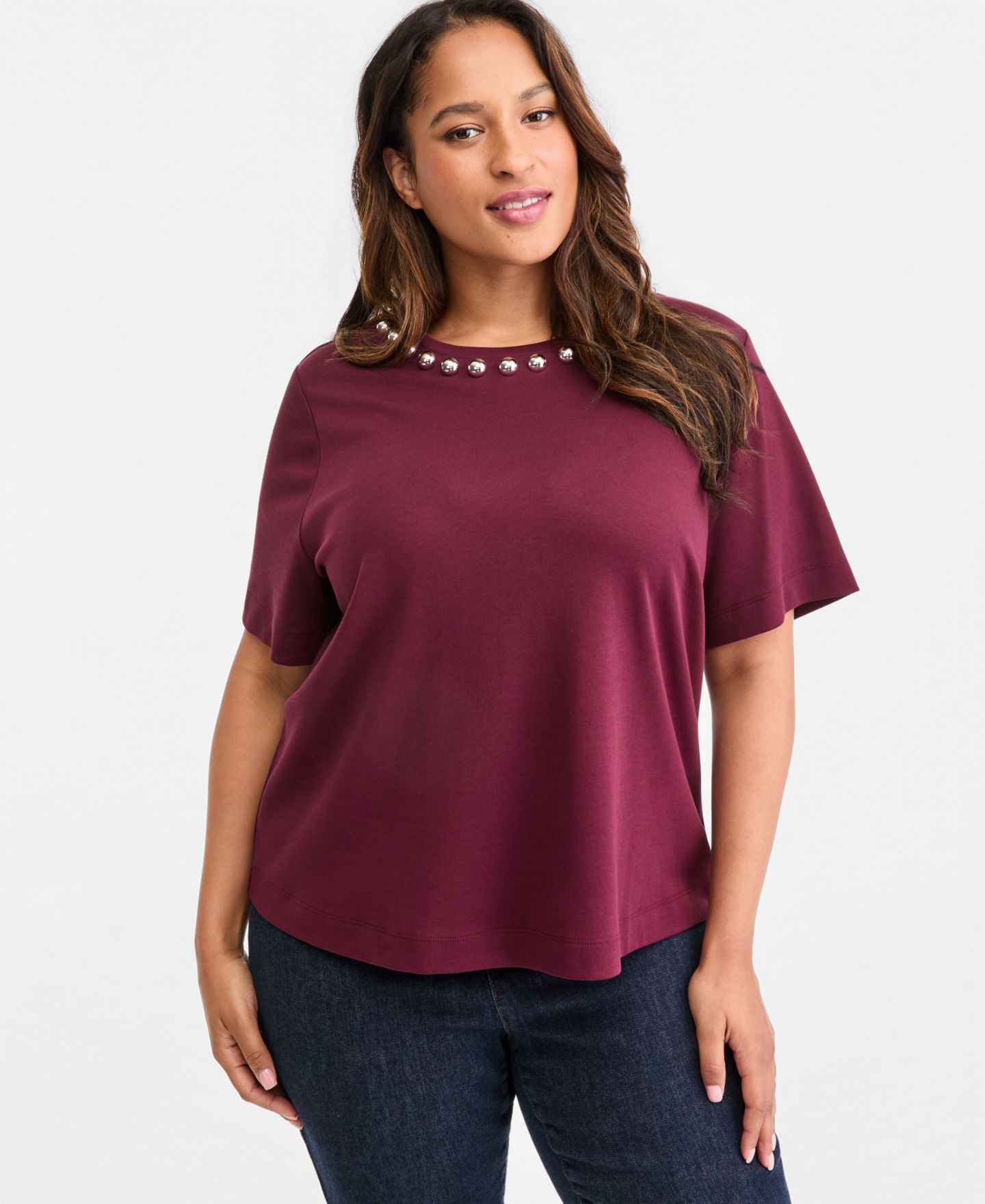 Женская футболка I.N.C. International Concepts Plus Size Embellished Boxy, цвет: Ягодный винный — фото 1