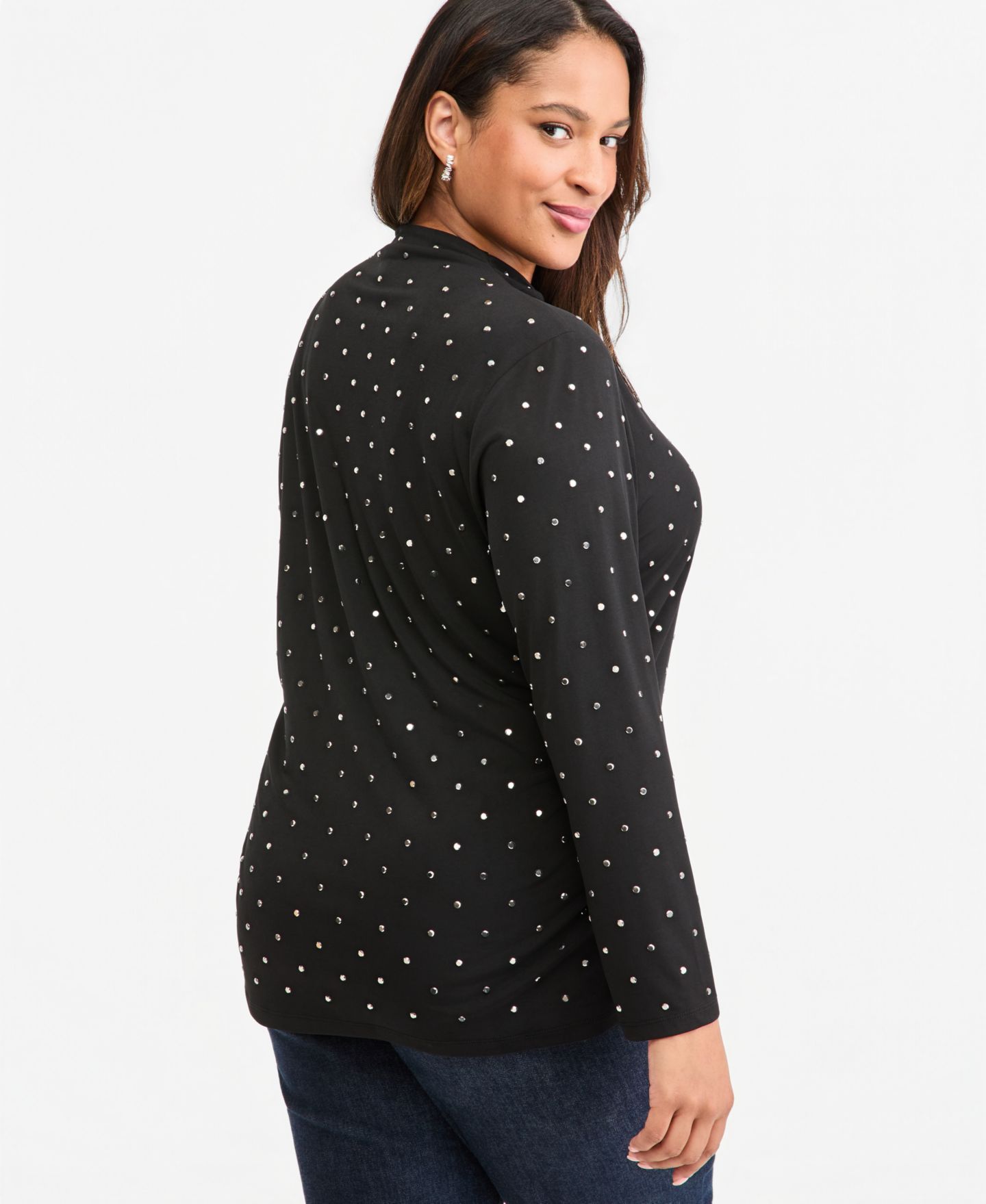 Женская блузка I.N.C. International Concepts Plus Size Long-Sleeve Embellished High Neck, цвет: Глубокий чёрный — фото 3