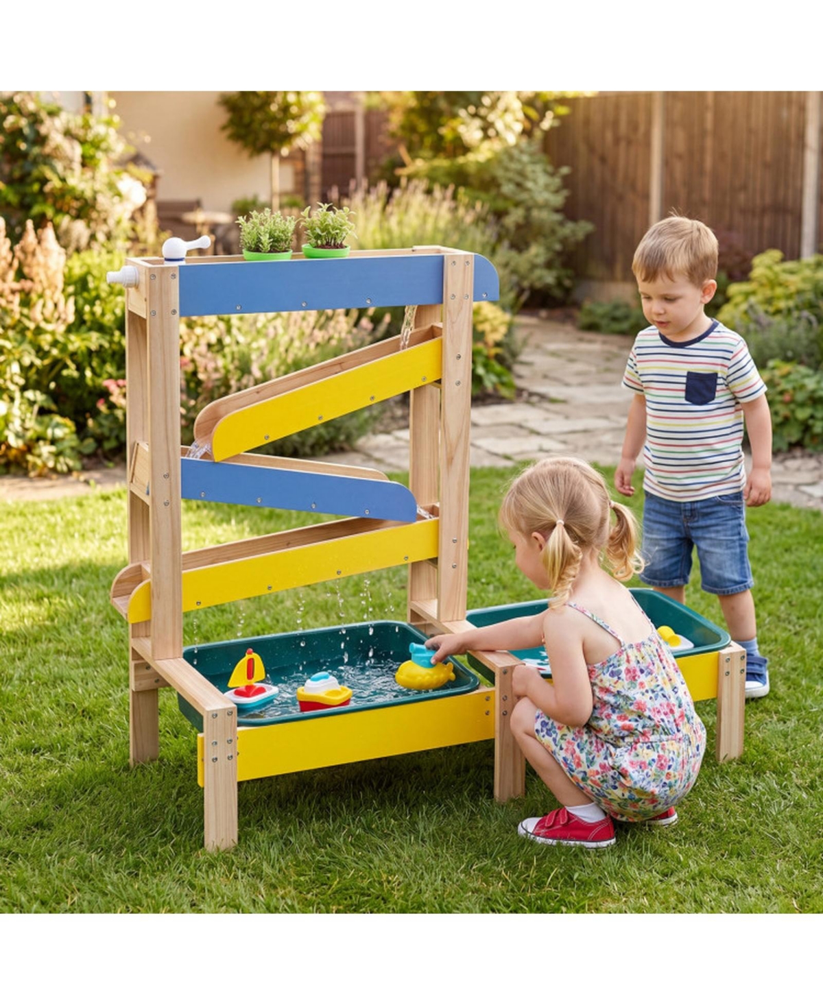 Hongge 3-in-1 Toddler Splinter-Free Fir Wood Dual-Basin Sand and Water Table, Ages 3+
