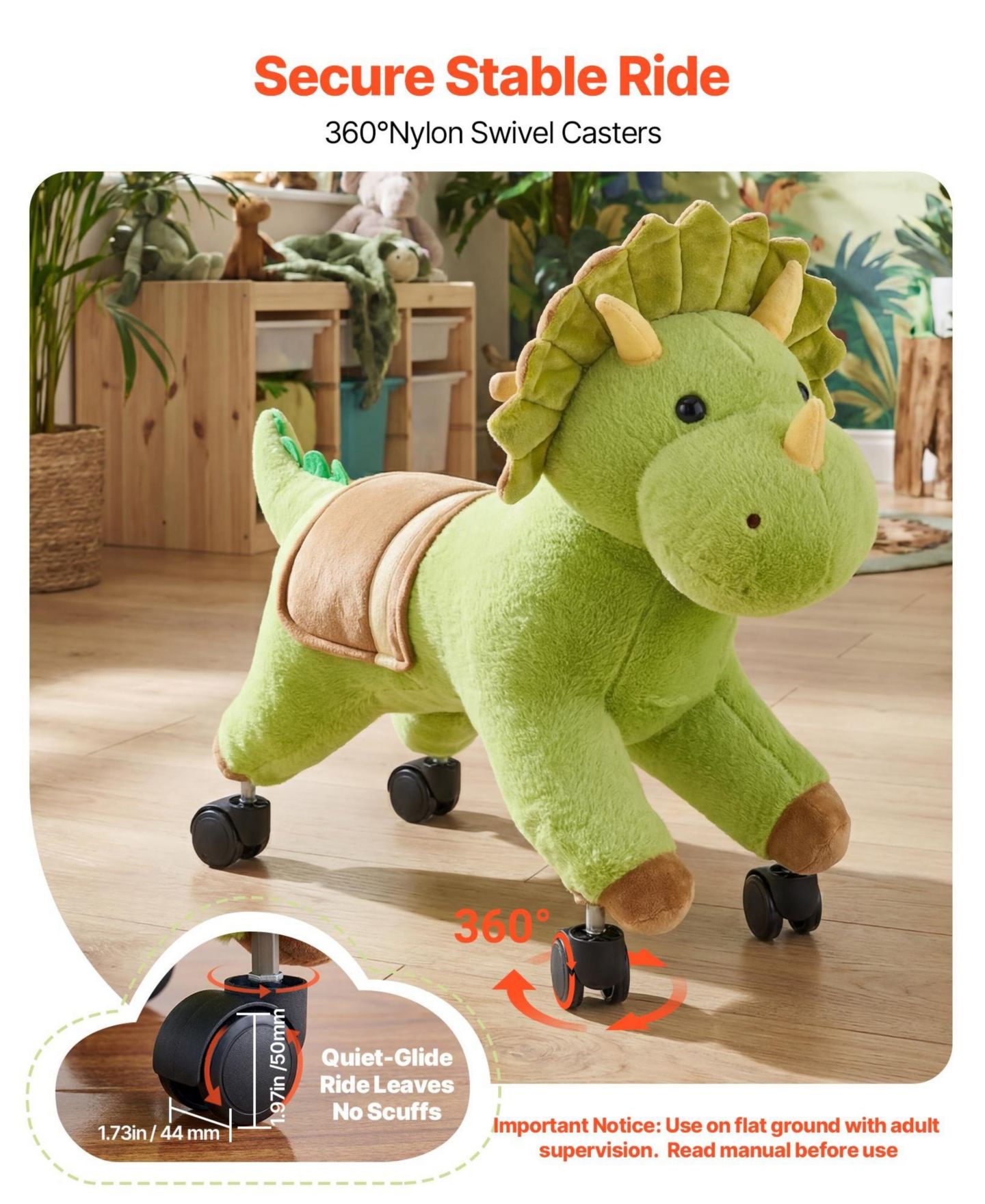 Детская игрушка HONGGE Kids Ride-On Dinosaur Toy with 360 Degree Caster Wheels, 88 lb Capacity, Ages 3+, цвет: Зелёный — фото 7