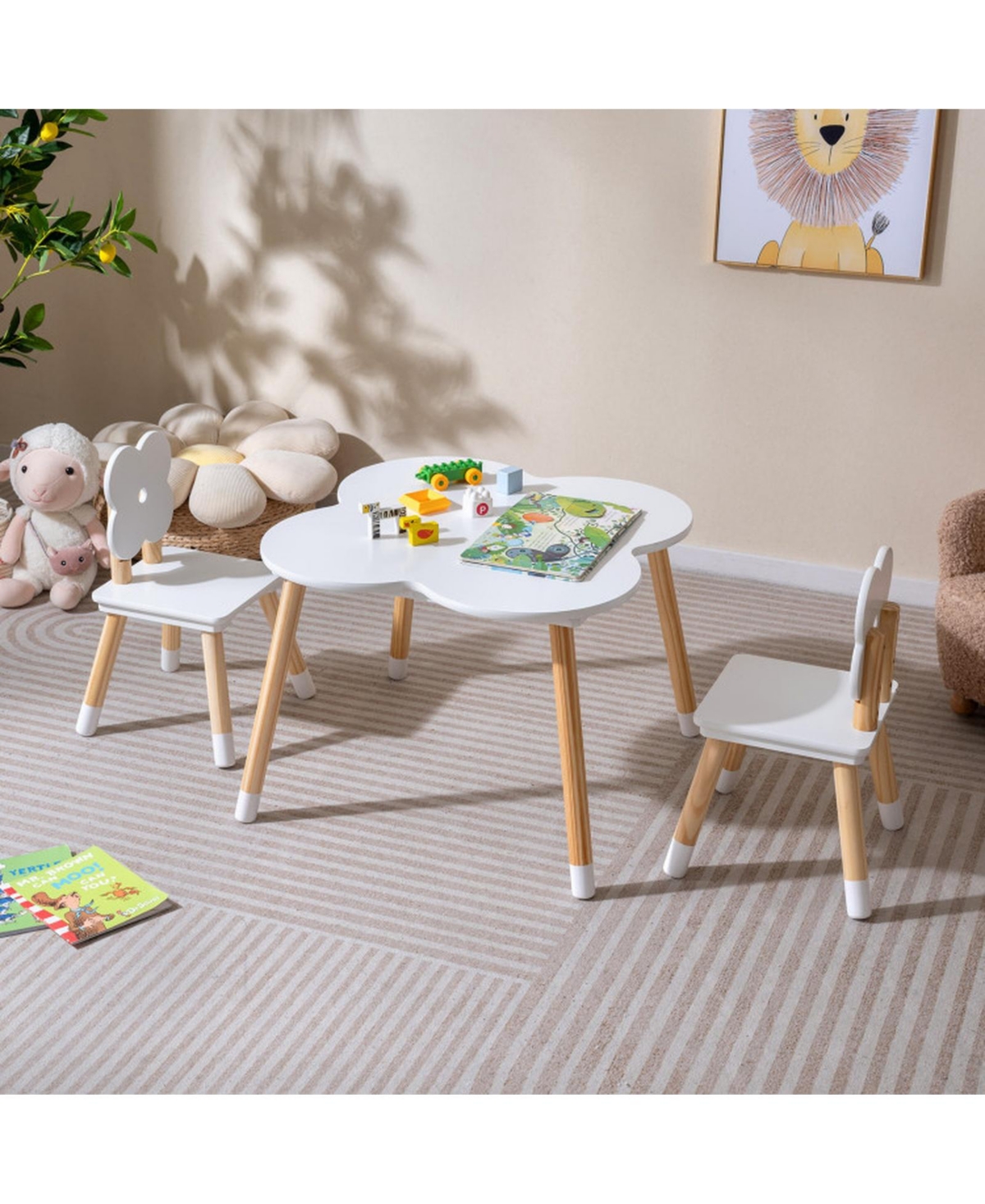 Sugift Flower-Shaped Kids Table and 2-Chair Set with Solid Pine Wood Legs
