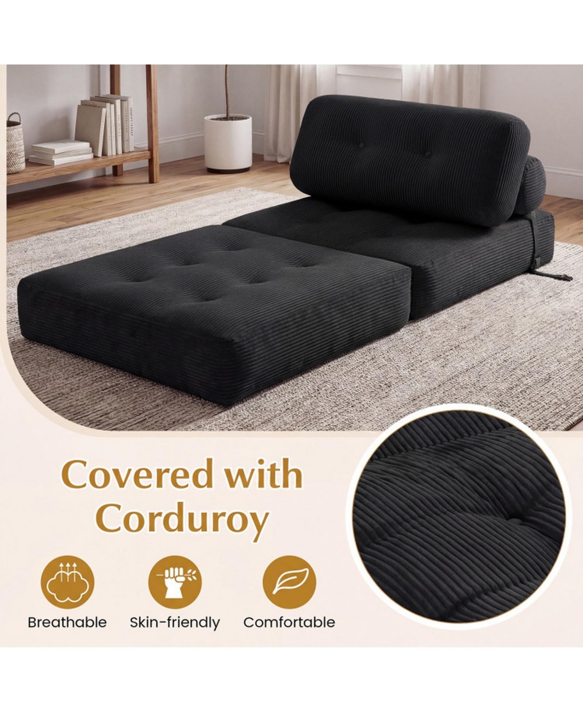 Sugift 3-in-1 Convertible Folding Sofa Bed with Button-Tufted Cover and Headrest Pillow