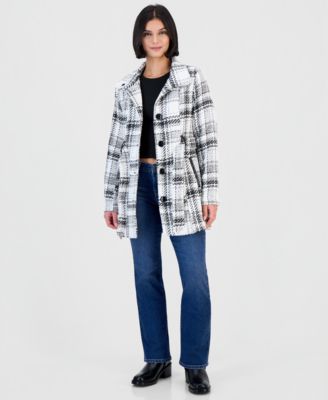 Juniors' Plaid Single-Breasted Belted Faux-Leather Trim Coat