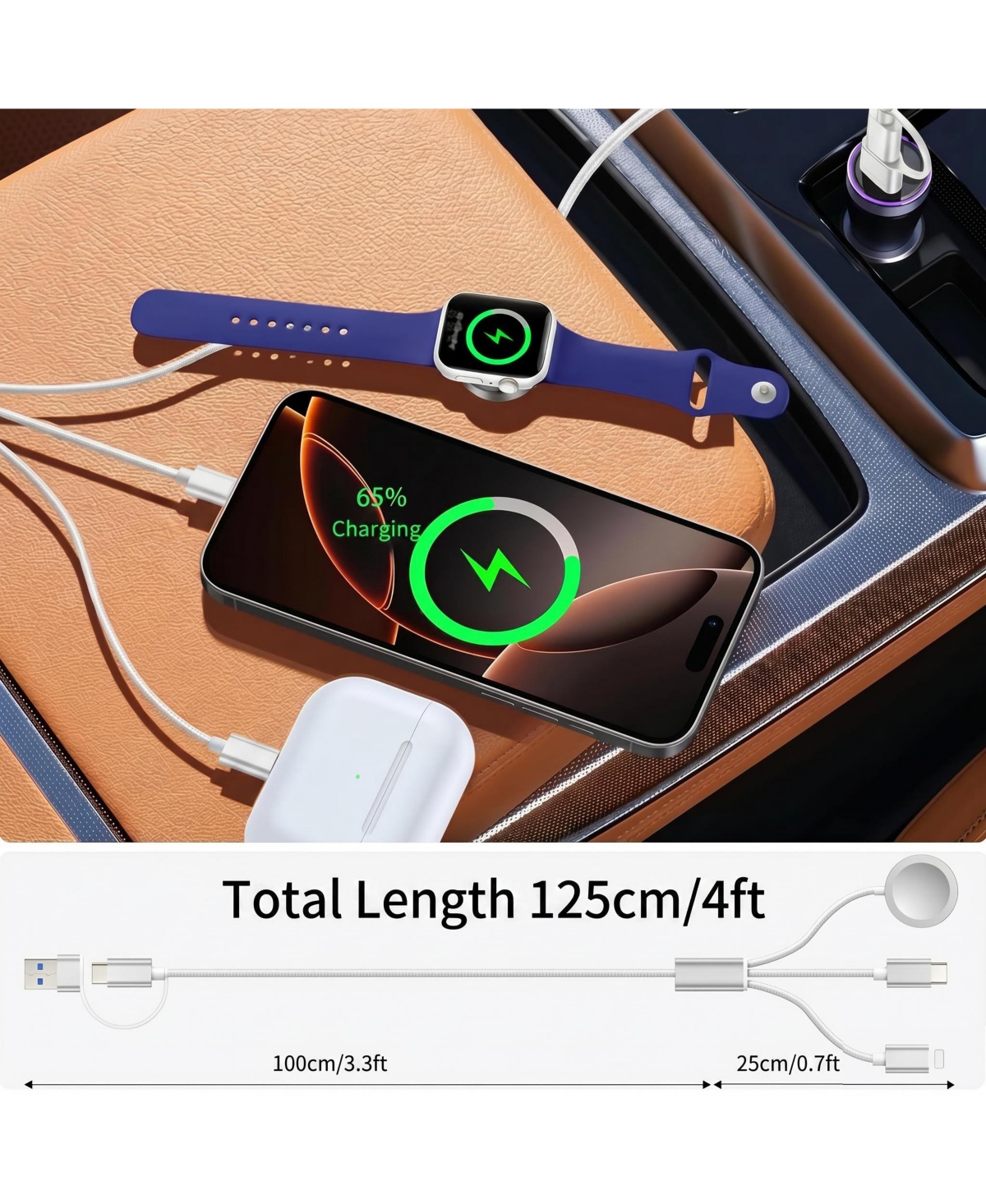 Artudatech 3-in-1 Charging Cable 15W 4ft for iPhone, Apple Watch, AirPods