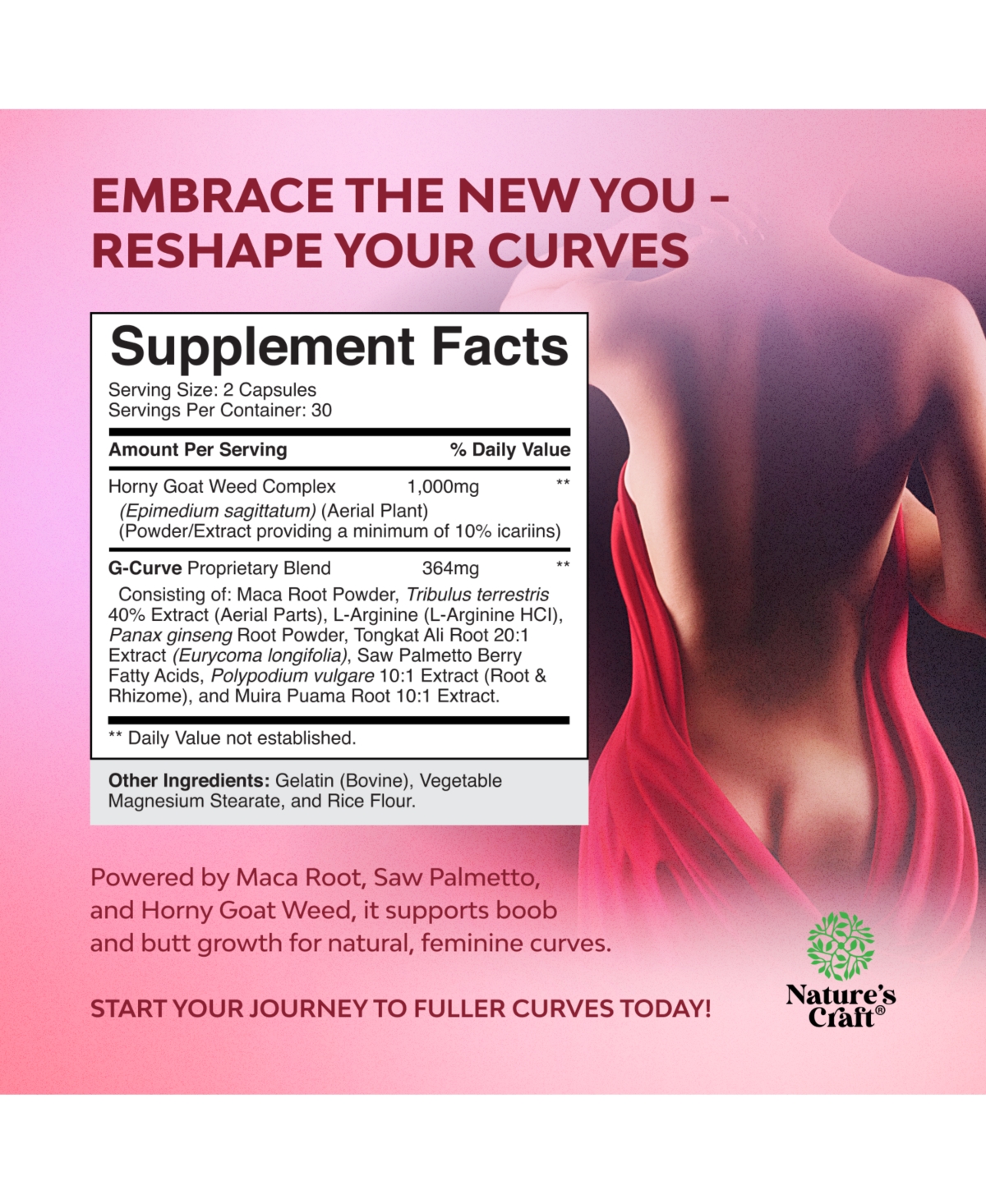 Nature's Craft G-Curve Advanced Formula Capsules for Women, Butt and Breast Enhancement Pills, Body Sculpting Curves Capsules, Nature's Craft, 60ct