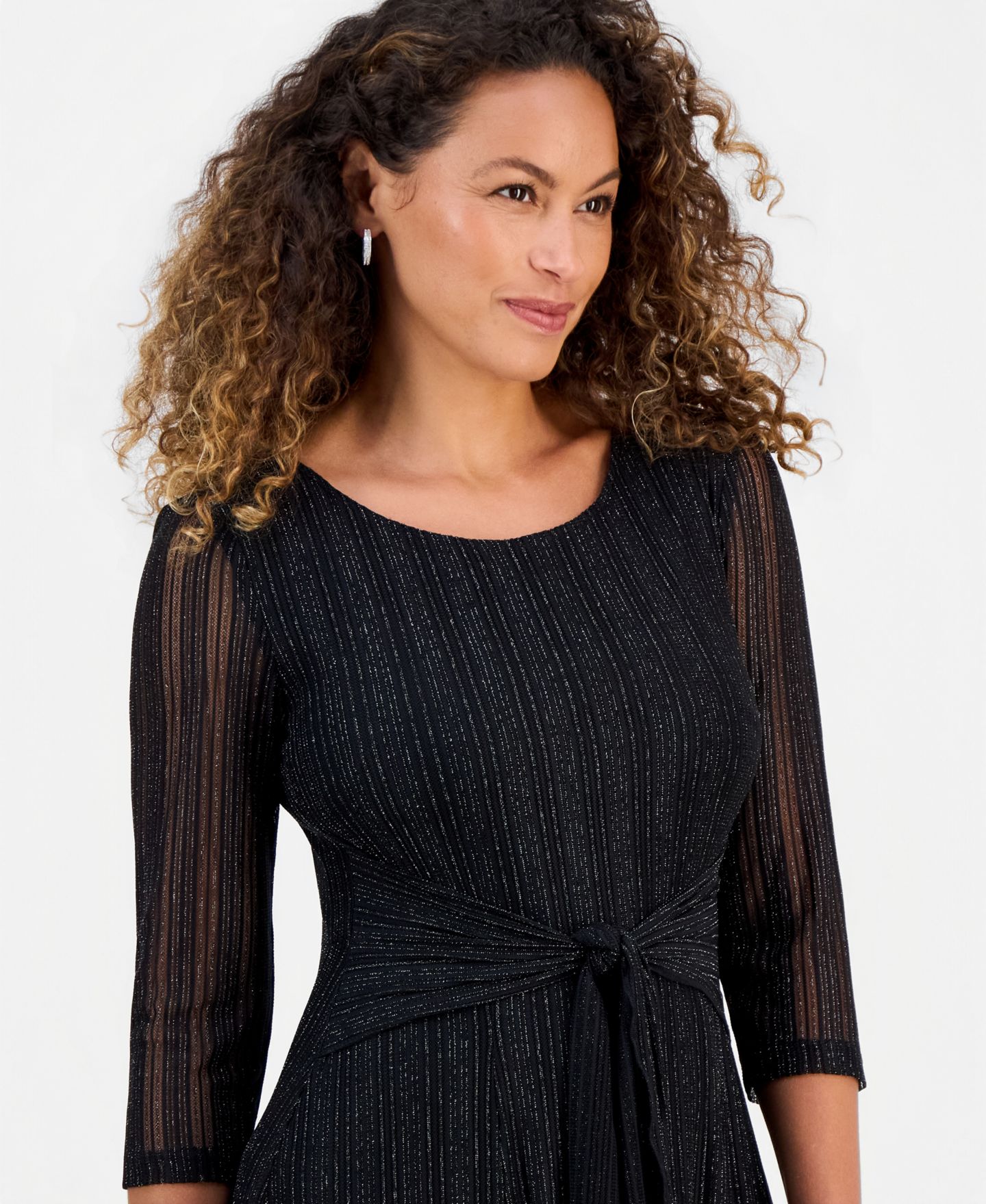 Женское платье Connected Petite Mesh Tie-Waist 3/4-Sleeve Midi, цвет: Чёрный — фото 4