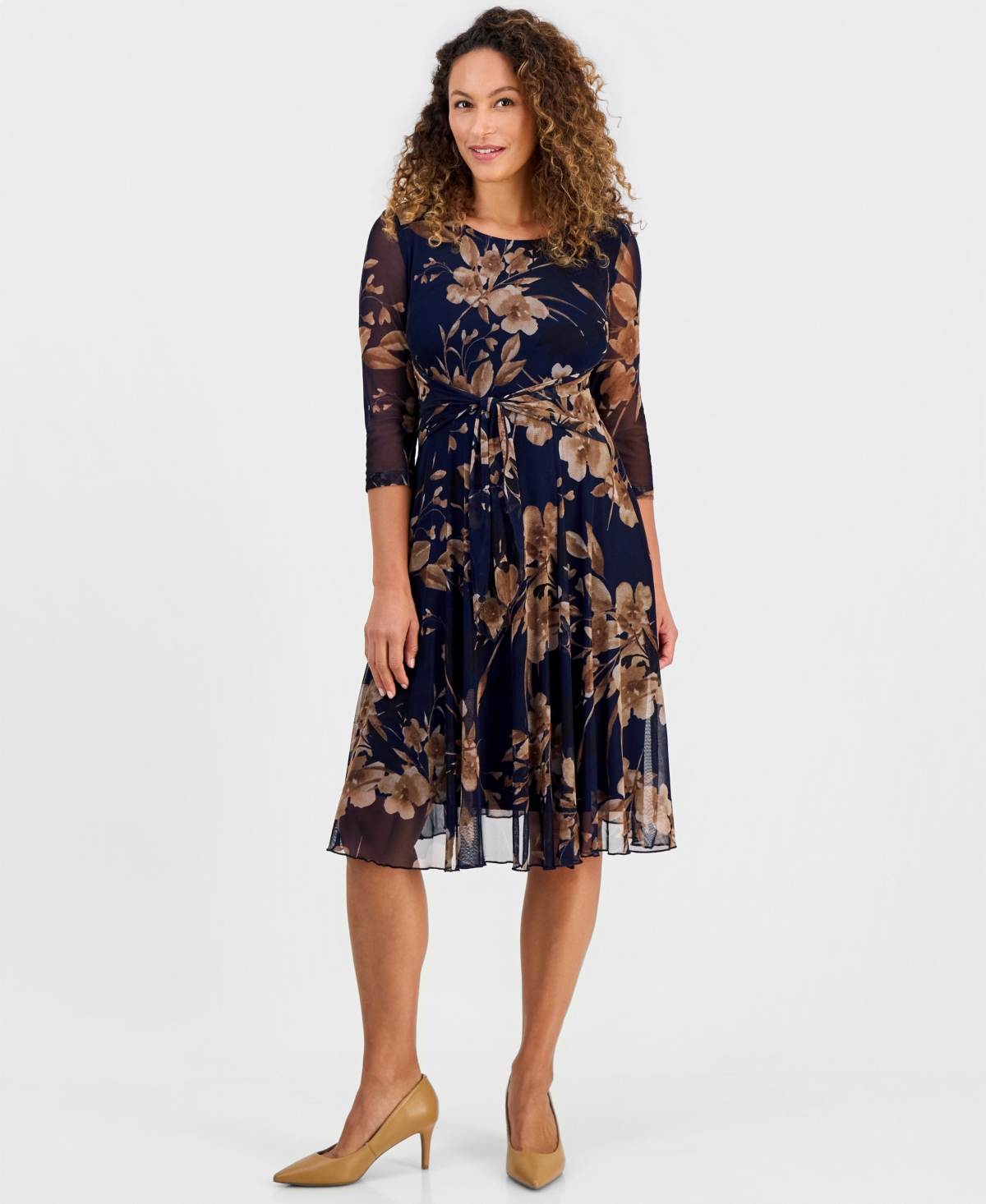 Connected Petite Tie-waist Floral-print Fit-and-flare Midi Dress In Midnight