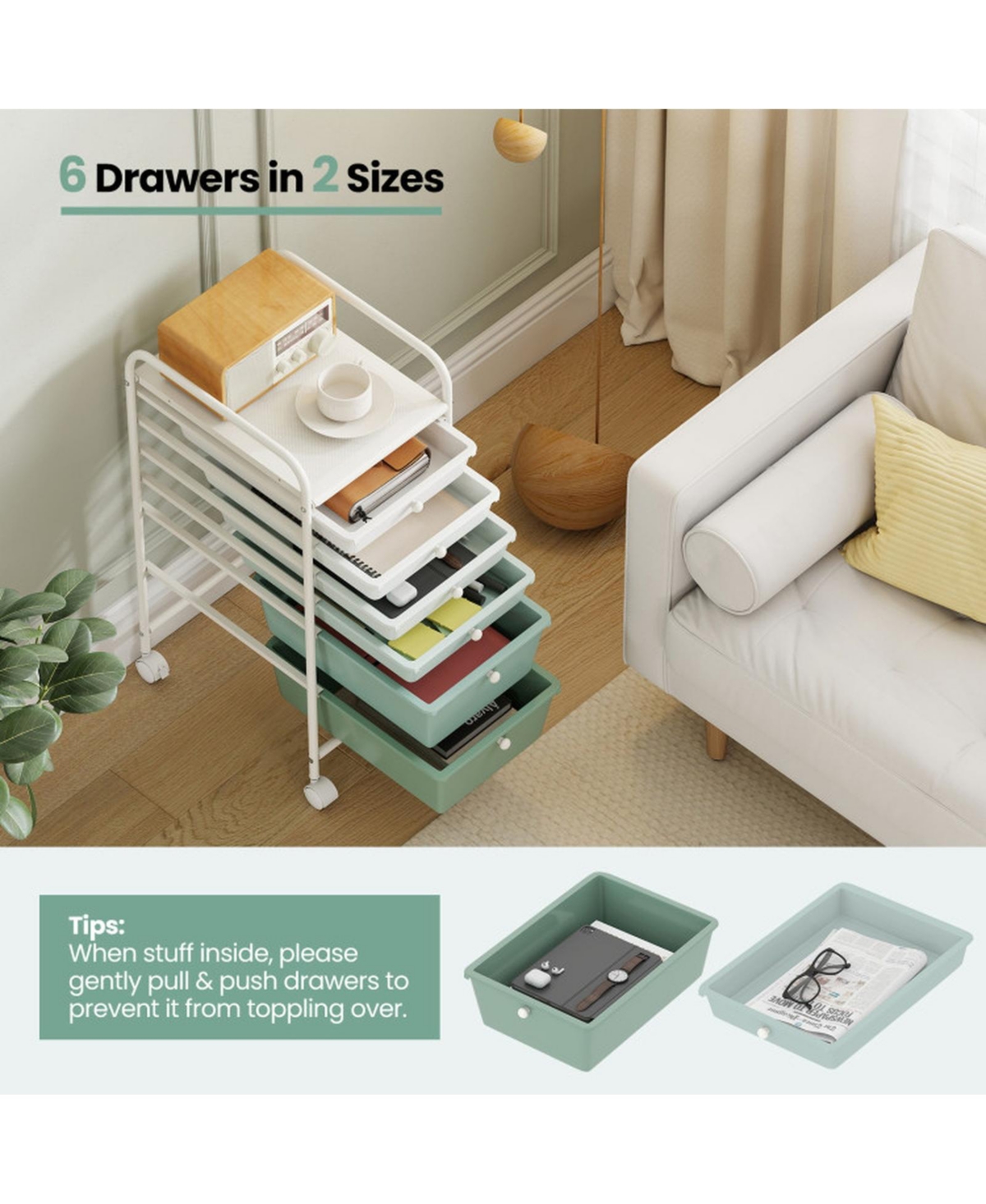 Sugift 6-Drawer Rolling Storage Cart Organizer with Lockable Casters