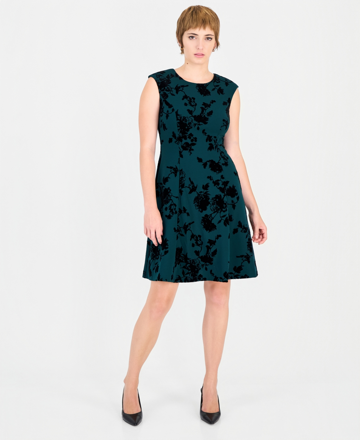 Connected Women's Velvet-floral A-line Crewneck Dress In Pine Green