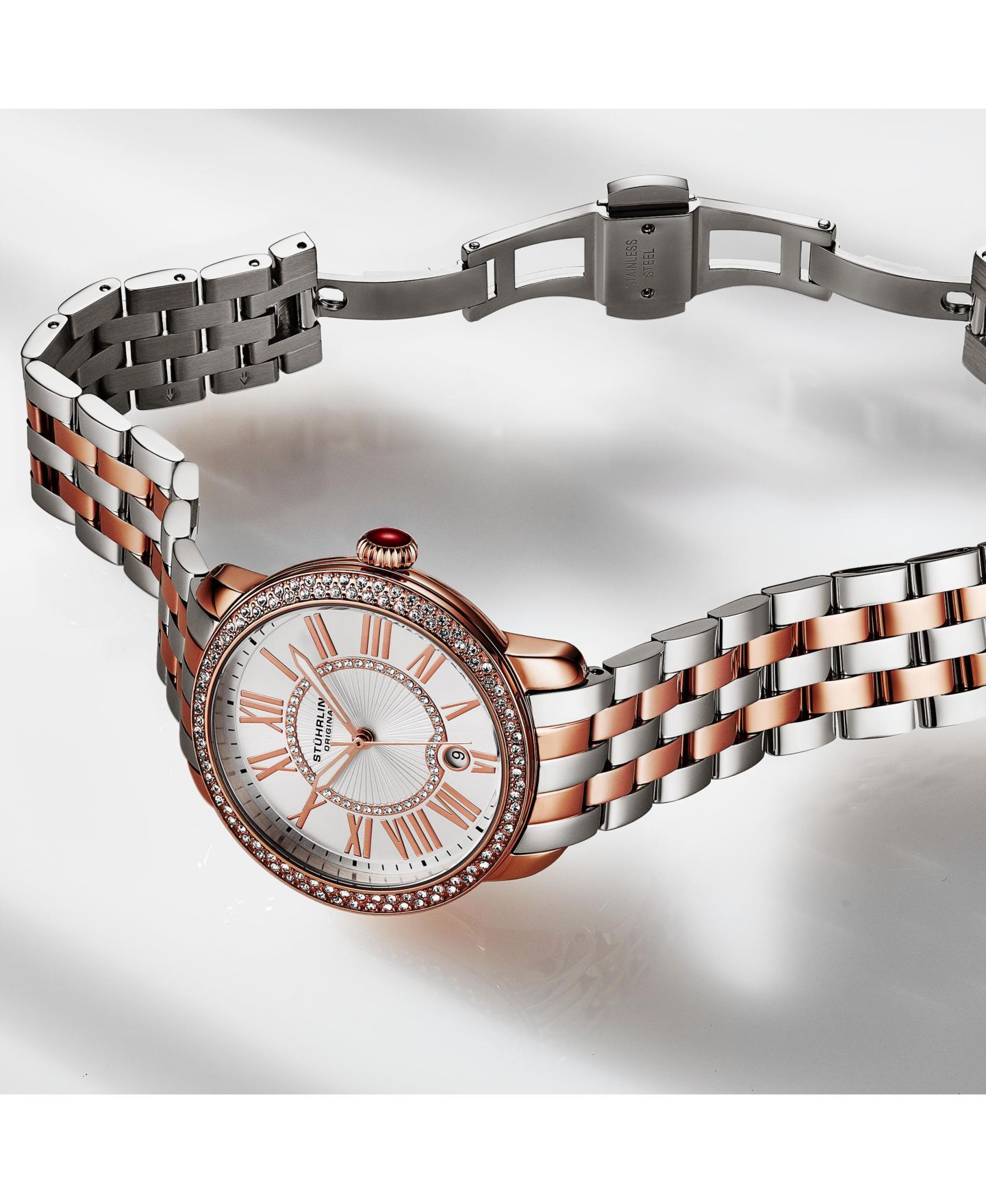 Женские часы Stuhrling Original Celestia с кристаллами, двухцветная сталь, 38 мм, цвет: Двухцветный розовый — фото 5