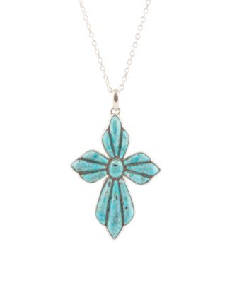 Blue Turquoise Cross Pendant Silver Necklace