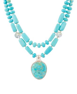 Double Stranded Blue Turquoise Silver Statement Pendant Necklace