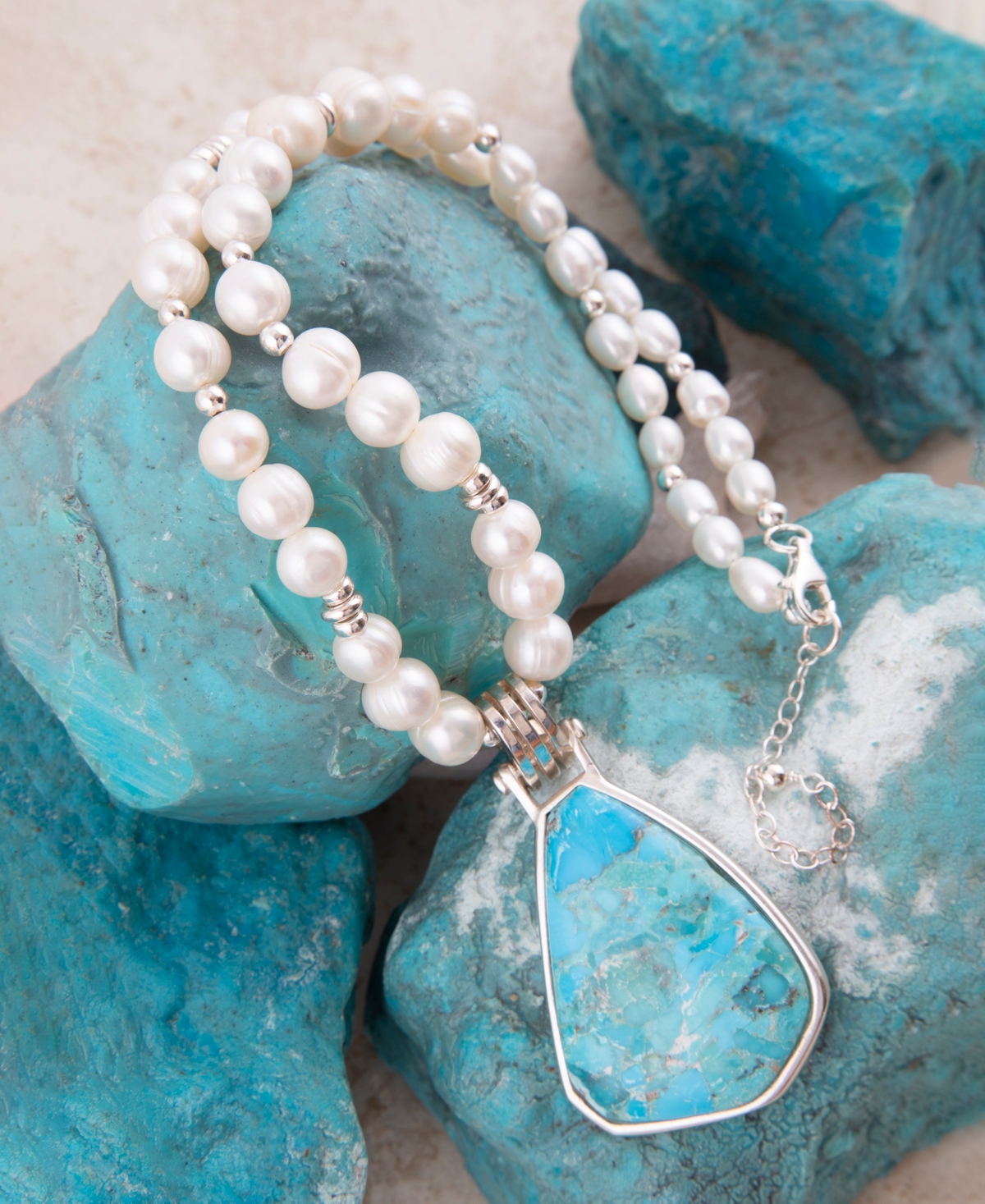 Barse Blue Turquoise Pendant and White Pearl Silver Necklace