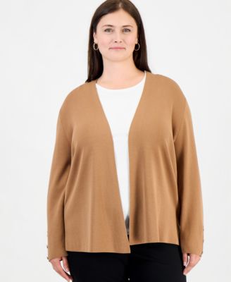 Plus Size Collarless Open-Front Long-Sleeve Cardigan