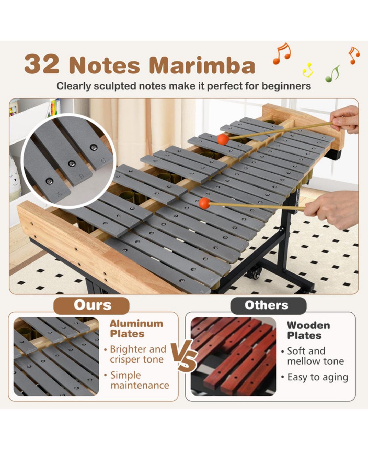Детская игрушка HONGGE 32-Note Aluminum Marimba with Height-Adjustable Lockable Rolling Stand, цвет: Золотой / Коричневый — фото 9