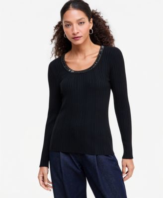 Women's Embellished Scoop Neck Ribbed Sweater