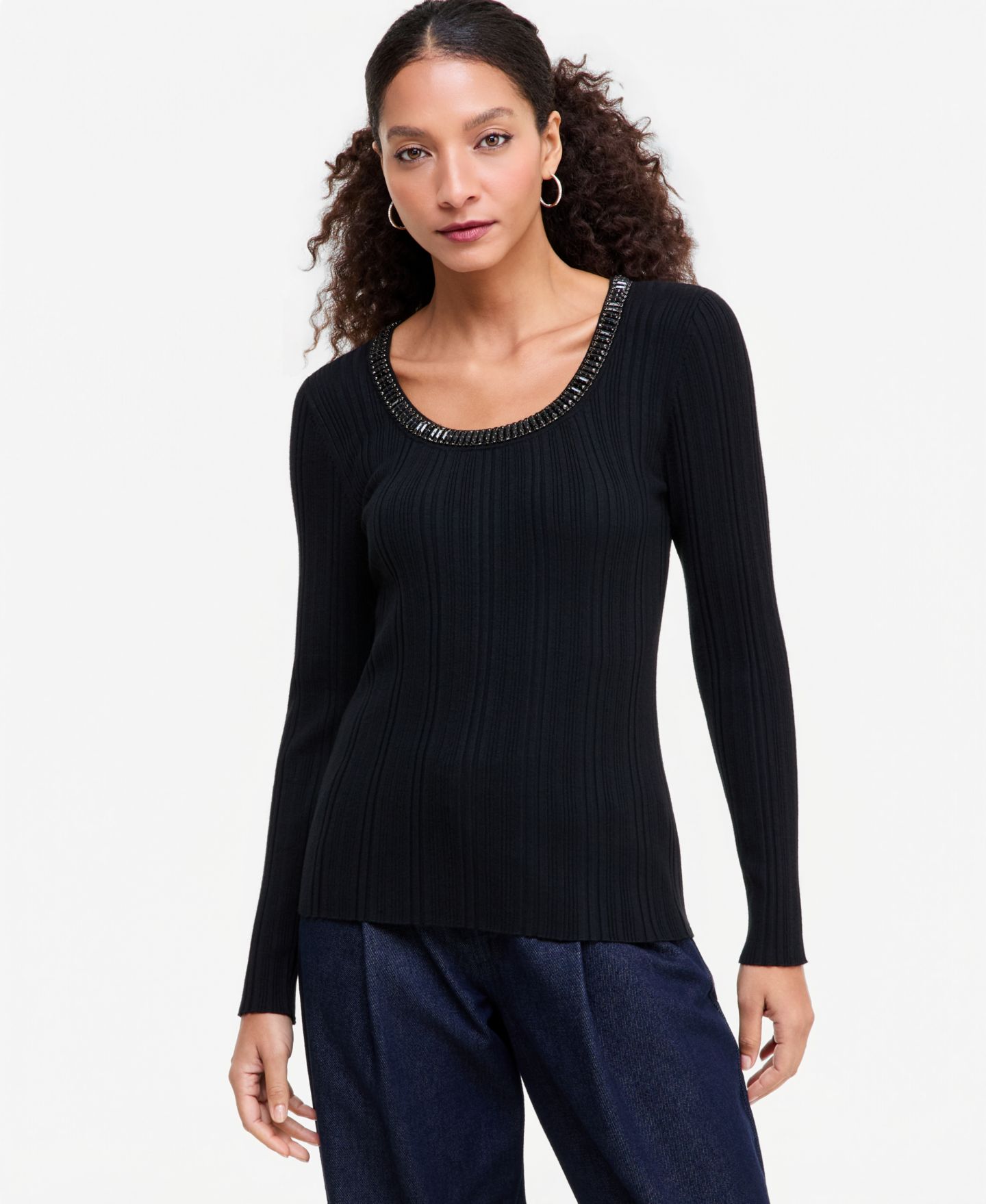 Женский свитер I.N.C. International Concepts Embellished Scoop Neck Ribbed, цвет: Глубокий чёрный — фото 1