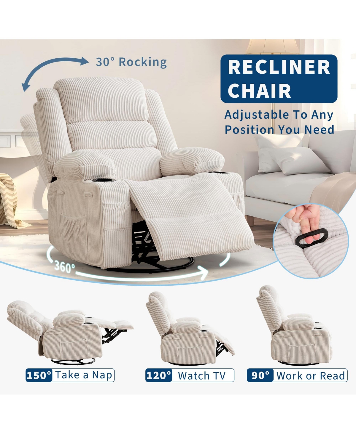homfan Rocking Recliner for Adults Oversized 360degree(s) Swivel Manual | Soft Corduroy with Cup Holder Side Pockets Living Room