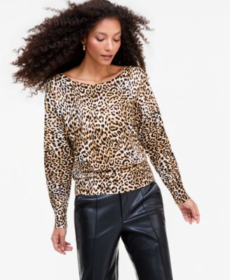Women's Long-Sleeve Leopard-Print Lightweight Boatneck Sweater