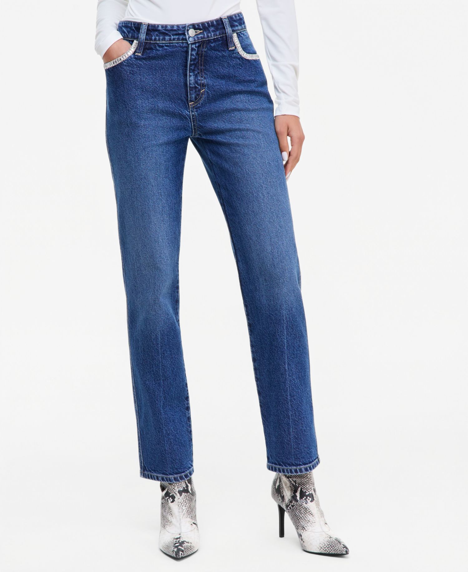 Women's Mid-Rise Slim-Straight Leg Embellished-Pocket Jeans