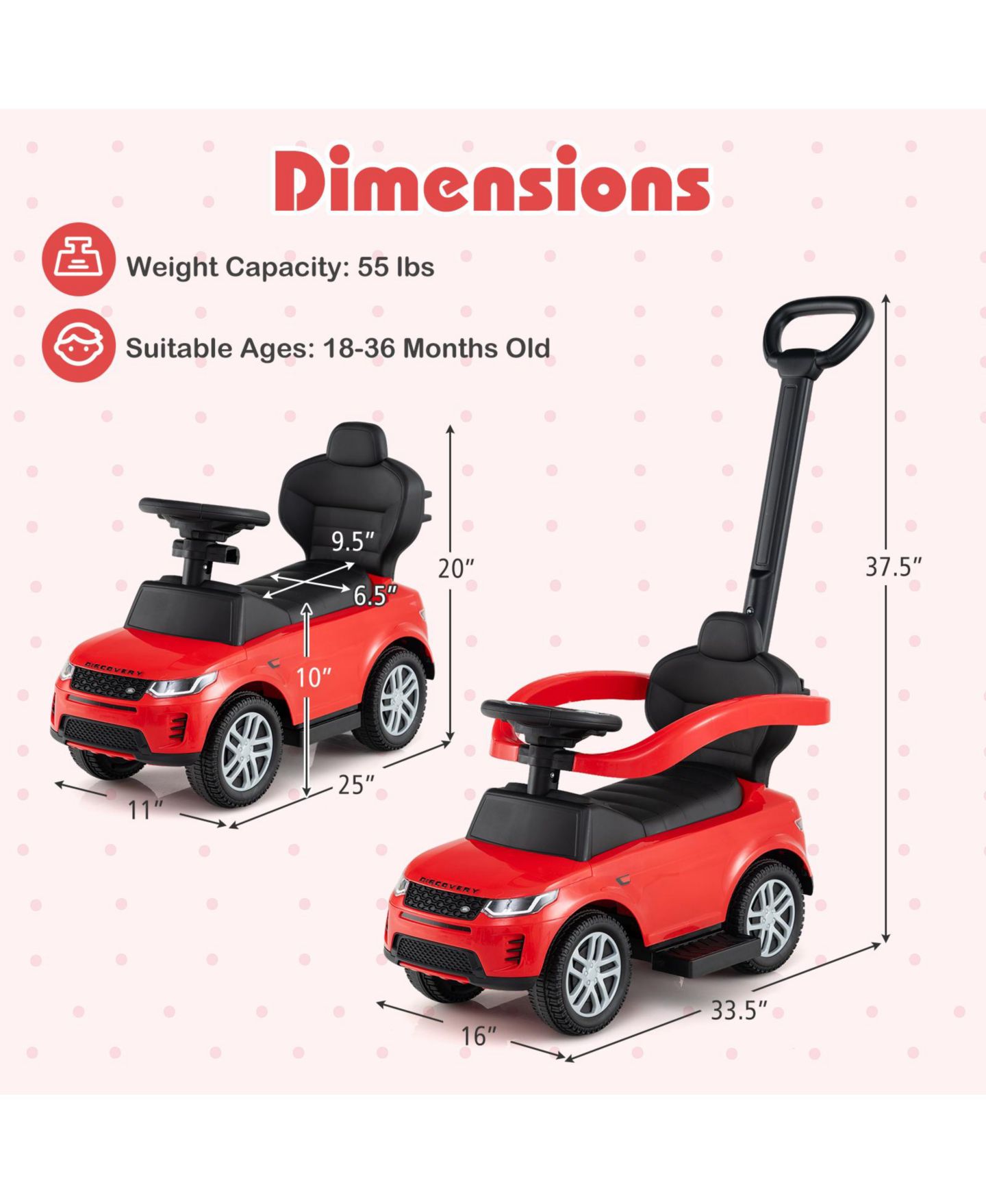 Детская игрушка SUGIFT 3-in-1 Push Car with Removable Handle and Guardrail, Ages 18-36 Months, цвет: Красный — фото 3