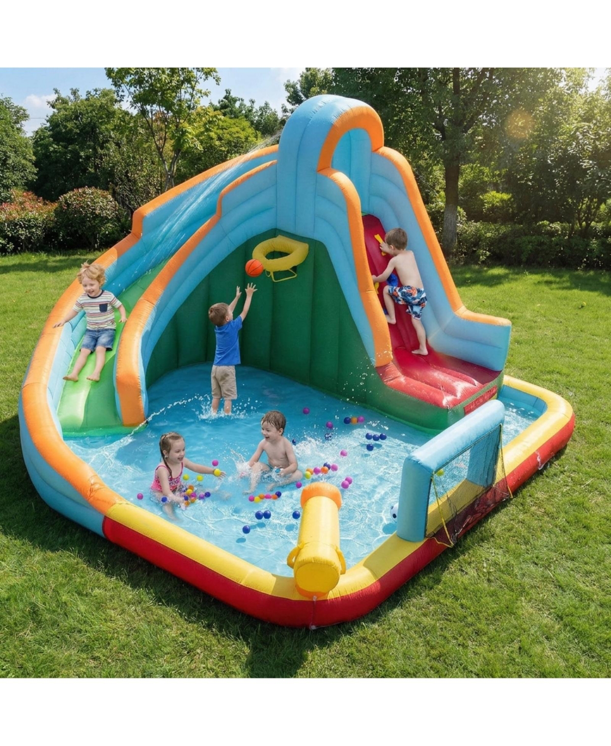 Sugift 6-in-1 Inflatable Oxford Cloth Water Slide Park Bounce House With Long Slide Splash Pool Climbing Wall, Wet or Dry Play, Ages 3-12