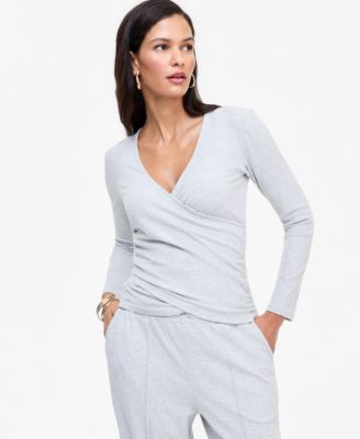 Women's Long-Sleeve V-Neck Side-Ruching Wrap Top