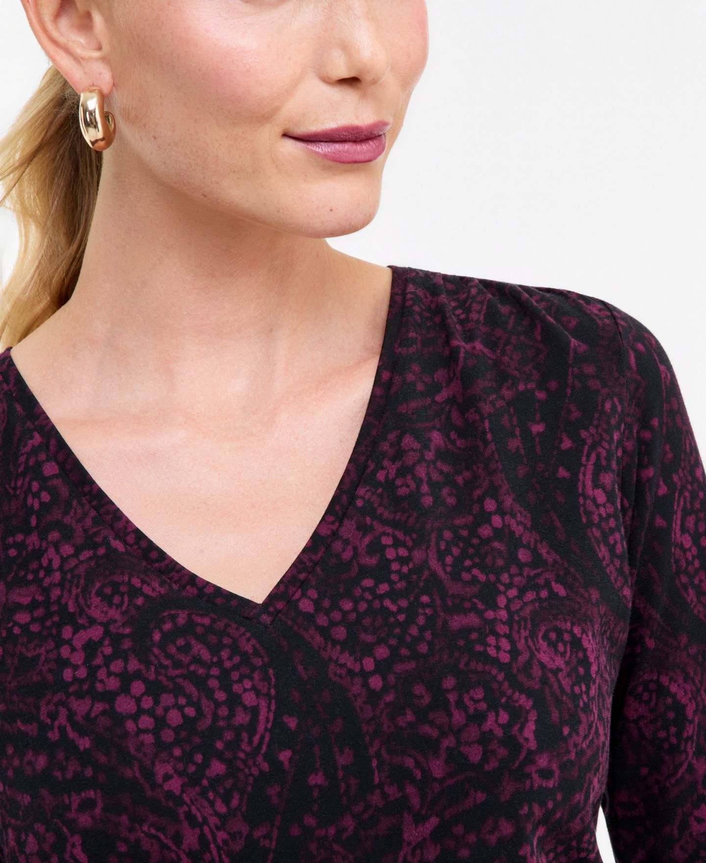 Женский топ I.N.C. International Concepts 3/4-Sleeve V-Neck Printed Knit Top, цвет: Бордовый — фото 4